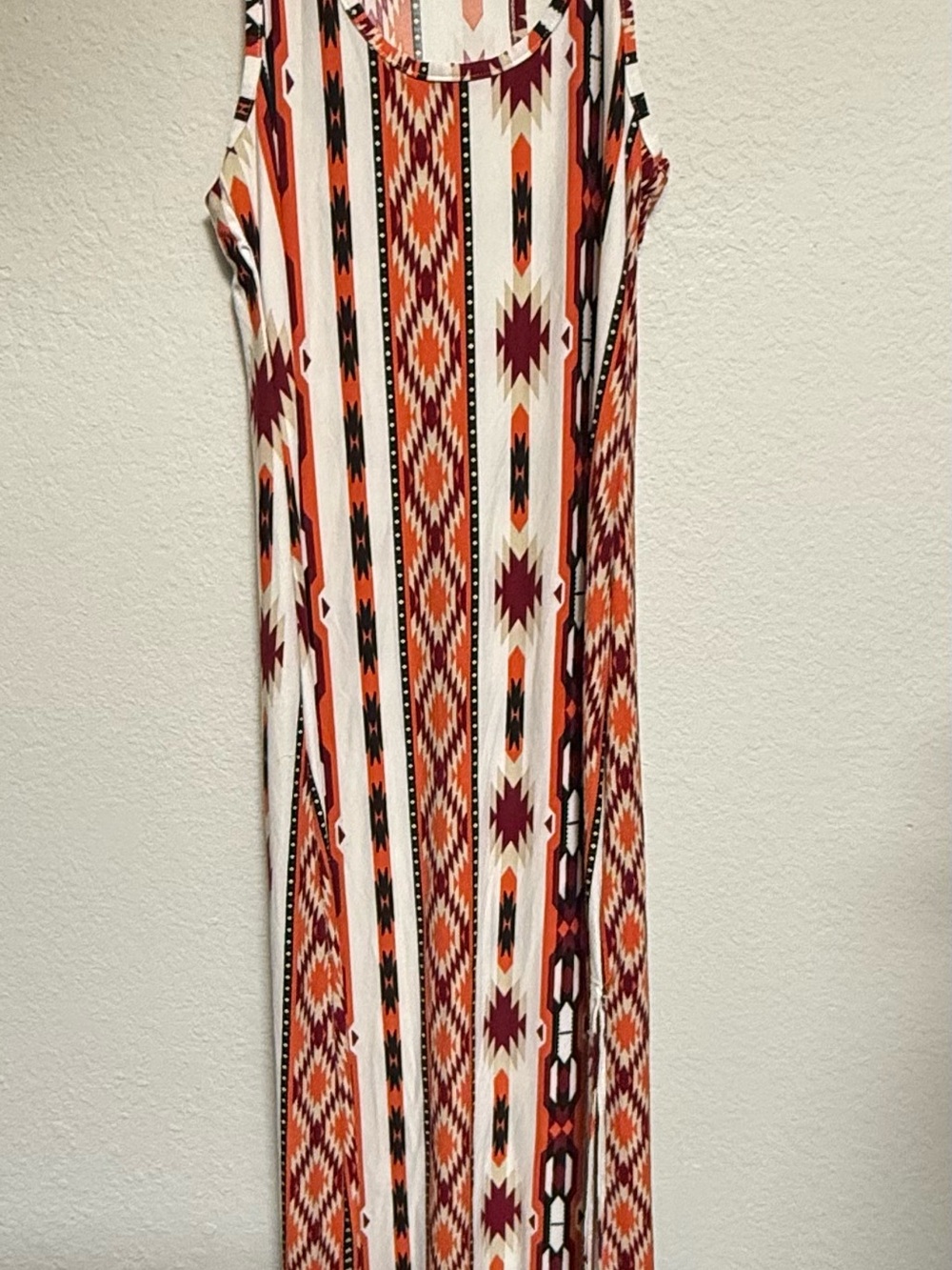 Sleeveless Aztec-Print Maxi Dress in Orange and Burgundy